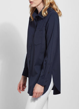 color=True Navy, side angle, best selling women's button up shirt in soft resilient microfiber, over white denim leggings
