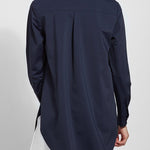 color=True Navy, back,best selling women's button up shirt in soft resilient microfiber, white denim jean leggings 