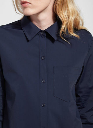 color=True Navy, neckline detail, best selling women's button up shirt in soft resilient microfiber