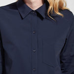color=True Navy, front neckline detail, best selling women's button up shirt in soft resilient microfiber