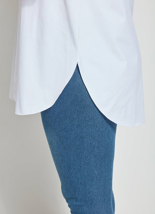 color=White, hem detail, best selling women's button up shirt in soft resilient microfiber, blue denim jean leggings