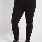 color=Black, front view, versatile denim jean leggings with smoothing and slimming control comfort waistband