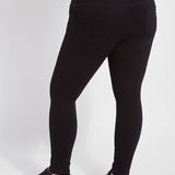 color=Black, back view, versatile denim jean leggings with smoothing and slimming control comfort waistband