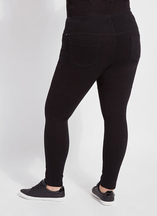 color=Black, back view, versatile denim jean leggings with smoothing and slimming control comfort waistband