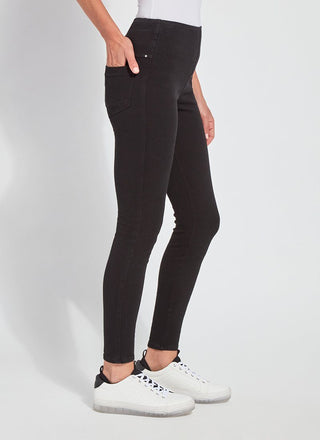 color=Black, Side view of black toothpick denim jean leggings with patented concealed waistband, seen from waist down
