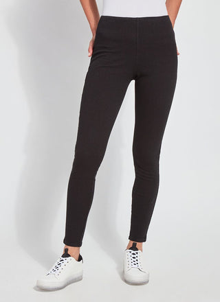 color=Black, Front view of black  toothpick denim jean leggings with patented concealed waistband, seen from waist down
