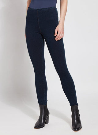 color=Indigo, Front view of indigo  toothpick denim jean leggings with patented concealed waistband, seen from waist down