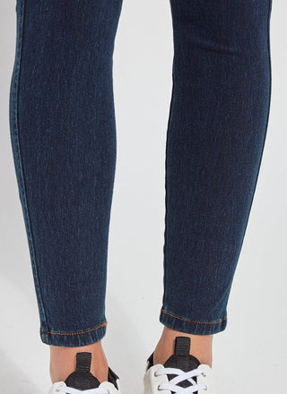 color=Indigo, Front detail view of lower legs, indigo color  toothpick denim jean leggings with patented concealed waistband