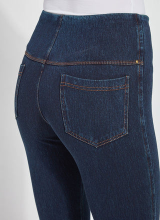 color=Indigo, Rear detail view of indigo  toothpick denim jean leggings with patented concealed waistband
