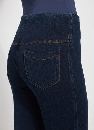 color=Indigo, Angled rear detail view of indigo  toothpick denim jean leggings with patented concealed waistband