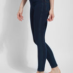 color=Indigo, side view, versatile denim jean leggings with smoothing and slimming control comfort waistband