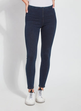 color=Indigo, front view of indigo toothpick denim jean leggings with patented concealed waistband, seen from waist down