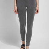color=Mid Grey, Front view of mid grey  toothpick denim jean leggings with patented concealed waistband, seen from waist down