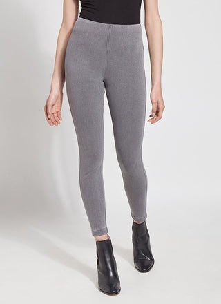 color=Mid Grey, Front view of mid grey,  toothpick denim jean leggings with patented concealed waistband, seen from waist down