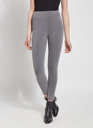 color=Mid Grey, Front view of mid grey  toothpick denim jean leggings with patented concealed waistband, seen from waist down