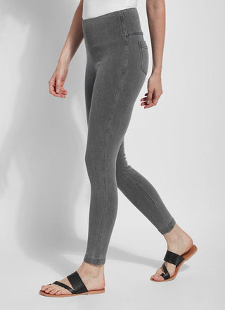 color=Mid Grey, Side view of mid grey  toothpick denim jean leggings with patented concealed waistband, seen from waist down
