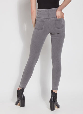 color=Mid Grey, Rear view of mid grey,  toothpick denim jean leggings with patented concealed waistband, seen from waist down