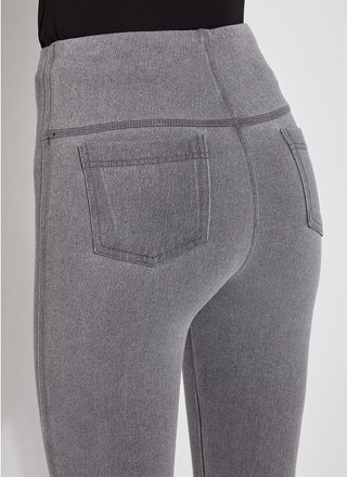 color=Mid Grey, Angled rear detail view of mid grey,  toothpick denim jean leggings with patented concealed waistband