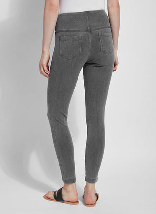 color=Mid Grey, Rear view of mid grey  toothpick denim jean leggings with patented concealed waistband, seen from waist down
