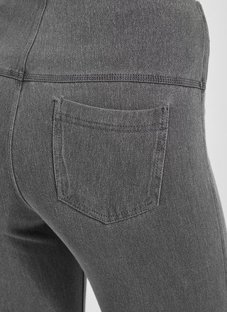 color=Mid Grey, Detailed rear view of mid grey  toothpick denim jean leggings with patented concealed waistband