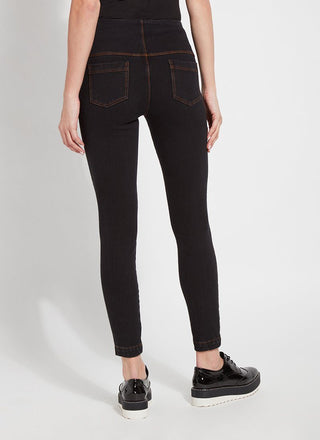 color=Midtown Black, rear view of midtown black  toothpick denim jean leggings with patented concealed waistband, seen from waist down