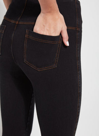 color=Midtown Black, Rear detail view of midtown black,  toothpick denim jean leggings with patented concealed waistband