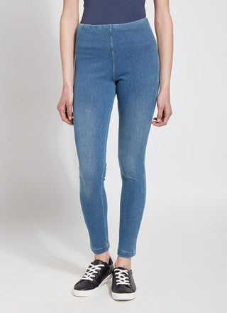 color=Mid Wash, Front view of mid wash  toothpick denim jean leggings with patented concealed waistband, seen from waist down