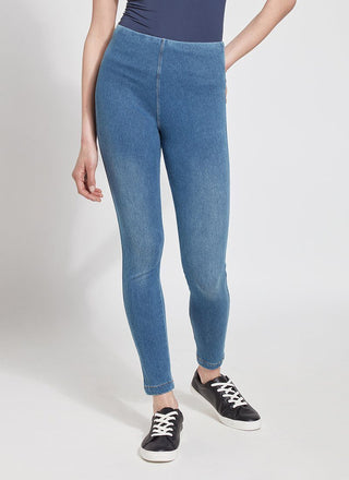 color=Mid Wash, Front view of mid wash blue,  toothpick denim jean leggings with patented concealed waistband, seen from waist down