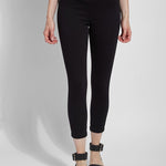 color=Black, front view, crop length denim jean leggings with concealed waistband for flattering, slimming fit