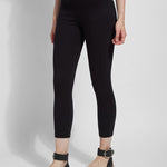 color=Black, front angle, crop length denim jean leggings with concealed waistband for flattering, slimming fit