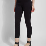color=Black, front angle, crop length denim jean leggings with concealed waistband for flattering, slimming fit