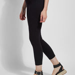 color=Black, side view, crop length denim jean leggings with concealed waistband for flattering, slimming fit