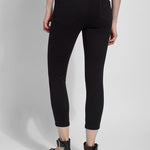 color=Black, back view, crop length denim jean leggings with concealed waistband for flattering, slimming fit