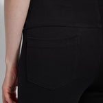 color=Black, back waist detail, crop length denim jean leggings with concealed waistband for flattering, slimming fit