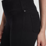 color=Black, side waist detail, crop length denim jean leggings with concealed waistband for flattering, slimming fit