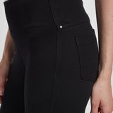 color=Black, side waist detail, crop length denim jean leggings with concealed waistband for flattering, slimming fit