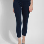 color=Indigo, front view, crop length denim jean leggings with concealed waistband for flattering, slimming fit