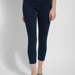color=Indigo, front view, crop length denim jean leggings with concealed waistband for flattering, slimming fit