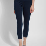 color=Indigo, front view, crop length denim jean leggings with concealed waistband for flattering, slimming fit