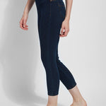 color=Indigo, side view, crop length denim jean leggings with concealed waistband for flattering, slimming fit