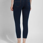color=Indigo, back view, crop length denim jean leggings with concealed waistband for flattering, slimming fit