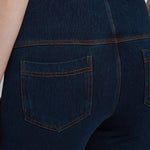 color=Indigo, back waist detail, crop length denim jean leggings with concealed waistband for flattering, slimming fit