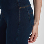 color=Indigo, waist detail, crop length denim jean leggings with concealed waistband for flattering, slimming fit