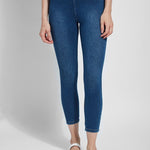 color=Mid Wash, front view, crop length denim jean leggings with concealed waistband for flattering, slimming fit