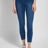 color=Mid Wash, front view, crop length denim jean leggings with concealed waistband for flattering, slimming fit