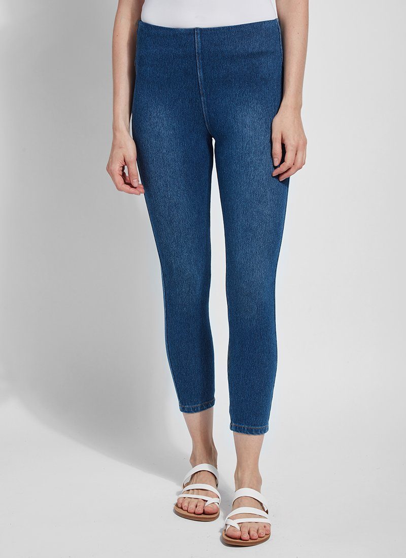 color=Mid Wash, front view, crop length denim jean leggings with concealed waistband for flattering, slimming fit