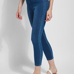 color=Mid Wash, front angle, crop length denim jean leggings with concealed waistband for flattering, slimming fit