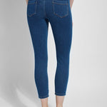 color=Mid Wash, back view, crop length denim jean leggings with concealed waistband for flattering, slimming fit