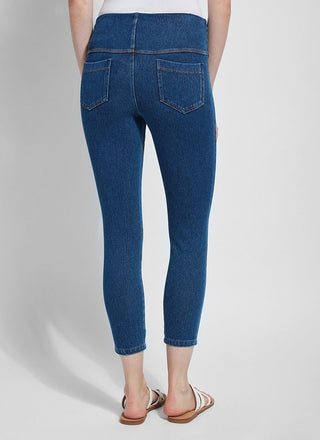 color=Mid Wash, back view, crop length denim jean leggings with concealed waistband for flattering, slimming fit