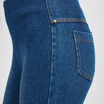 color=Mid Wash, waist detail, crop length denim jean leggings with concealed waistband for flattering, slimming fit